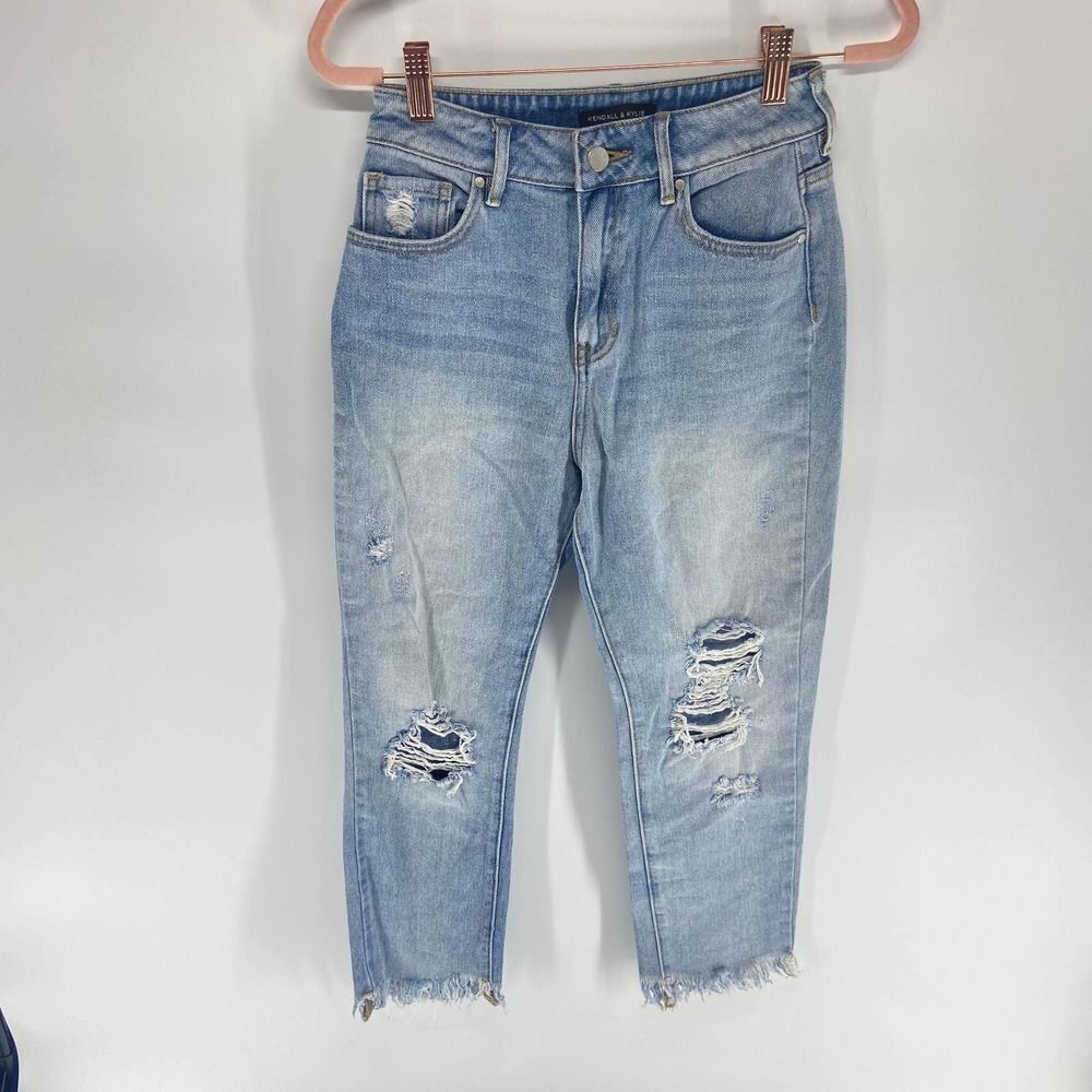 Kendal & Kylie Light Wash Distressed high rise straight leg Mom Jeans womens 24